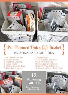 two baskets filled with personalized gifts and the words pre - planned date gift basket