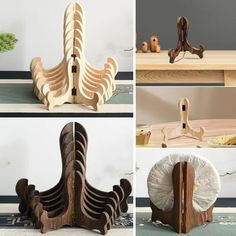 four different types of wooden sculptures on the floor and in front of a table top