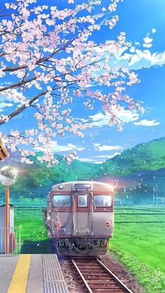 a train traveling down tracks next to a lush green field covered in blossoming trees