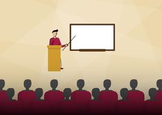 a man standing at a podium in front of a projection screen with an audience behind him