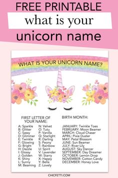 the unicorn name game for kids with text that reads free printable what is your unicorn name?