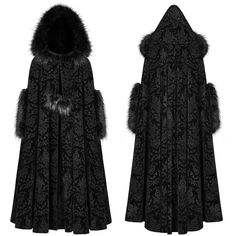 SPECIFICATIONSBrand Name: NoEnName_NullStyle: gothicMaterial: PolyesterOrigin: Mainland ChinaCN: GuangdongSeason: WinterPattern Type: FloralDecoration: HoodedAge: MIDDLE AGEThickness: Thick （Winter)Collar: NONEClosure Type: BeltSleeve Style: Flare SleeveHooded: YESSleeve Length(cm): FullPercentage of Material: ≥95%Model Number: WY-1038DPFClothing Length: longType: LOOSEPlace Of Origin: China (Mainland)Color: Black Gothic Winter Cape Outerwear, Gothic Cape Outerwear For Winter, Winter Costume Cape Outerwear, Winter Costume Outerwear With Faux Fur Lining, Winter Costume Cape, Dark Snow, Long Cape Coat, Winter Cloak, Gothic Coat