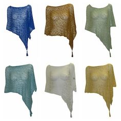 six different colors of shawls on a white background, one is blue and the other is gold