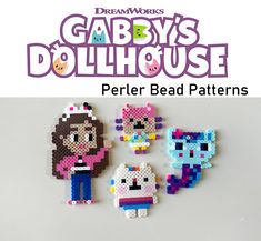 three perler bead patterns with the words gaby's dollhouse on it