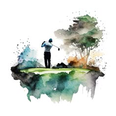 a watercolor painting of a man playing golf on a green with trees in the background