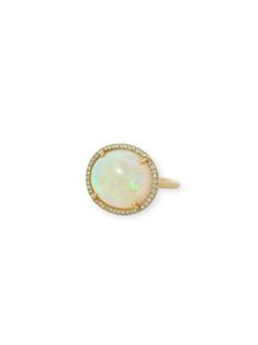 Introducing an extraordinary piece from Irene Neuwirth's One-Of-A-Kind Collection, this 18k yellow gold ring is a true masterpiece. Handcrafted with meticulous attention to detail, it showcases a mesmerizing opal weighing approximately 9 carats, surrounded by a halo of dazzling full-cut diamonds. Crafted with the utmost precision and artistry, this one-of-a-kind ring is made from 18-karat yellow gold, exuding a warm and luxurious glow. The opal, with its captivating play of colors, adds a touch of enchantment and uniqueness to the design. Surrounding the opal, the full-cut diamonds with a total weight of 0.15 carats (G-H color/VS-SI clarity) provide a brilliant frame, enhancing the opal's beauty and radiance. With a ring size of 6.5, this exquisite piece is ready to adorn your finger and m Luxury Yellow Gold Opal Ring, Exquisite Yellow Gold Opal Gemstone Ring, Luxury Yellow Gold Halo Ring With Gemstone, Luxury 14k White Gold Opal Ring, Luxury 14k Gold Jewelry With Halo Setting, Luxury Yellow Gold Opal Ring With Brilliant Cut, Yellow Gold Halo Ring With Gemstone, Round Cut, Exquisite Yellow Gold Gemstone Rings, Luxury 14k Gold Opal Ring