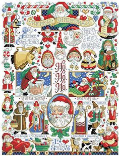 a cross stitch pattern with santa claus and other christmas related items on the bottom right corner