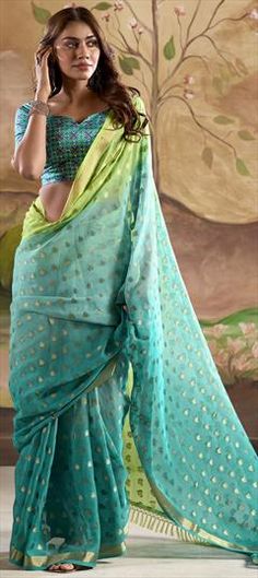 Blue, Green color Saree in Georgette fabric with Thread, Weaving work Blue Zari Weaving Blouse Piece For Party, Blue Party Blouse With Zari Weaving, Blue Blouse Piece With Bandhani Print, Blue Saree Fabric For Festive Occasions, Blue Fabric With Zari Weaving For Festivals, Blue Traditional Drape Fabric For Festivals, Blue Wedding Fabric With Pallu, Blue Fabric For Wedding And Festivals, Green Color Saree