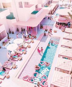 an aerial view of the pool and beach area at pink palace hotel in las vegas