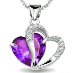 Rhodium Plated 925 Silver Diamond Accent Amethyst Heart Shape Pendant Necklace 18"-sn3017 Amethyst Heart, Heart Shaped Pendant Necklace, Amethyst Necklace Pendant, All Things Purple, Heart Shape Pendant, Purple Heart, Amethyst Pendant