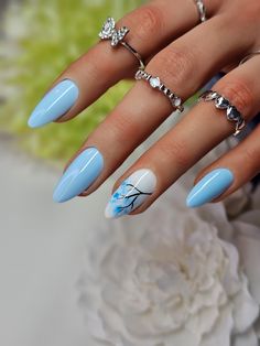 Light Blue Pink Nails, Baby Blue Bow Nails, Light Blue Nails With Design Almond, Nails That Match With Everything, Dusty Blue Nails Wedding, Pastel Blue Nails Design, Bright Color Nail Designs, Single Nail Design, Gel Blue Nails