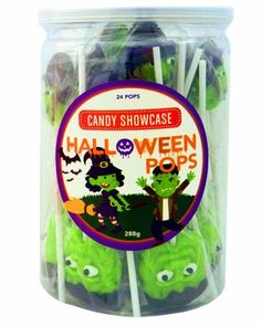 candy showcase halloween pops in a plastic container with green candies and black cats on them