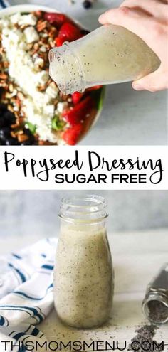 a person pouring dressing into a bowl with fruit and nuts in it, next to the recipe for poppy seed dressing