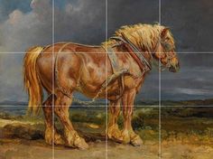 a painting of a horse standing in the middle of a field with storm clouds behind it