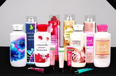 there are many different types of beauty products on the table, including lotions and shampoos