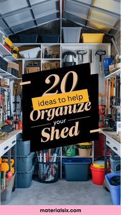 20 ideas to help organize your shed. Shelves and bins filled with various tools and equipment. Tiny Shed Organization, Organizing Storage Shed, Lifetime Shed Organization, Outdoor Shed Organization, Small Shed Organization Ideas, Shed Shelving Ideas, 4x6 Shed, Shed Storage Ideas