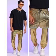 These metallic pants are perfect when you want to add a touch of glamour to any outfit. The drawstring closure and an elastic adjustable waist design help it fit anybody from wear. Stylish trousers go well with sequined vests, sequined T-shirts, sequined shirts in the same style. Suitable for any occasion, such as leisure, hanging out, dating, holiday, party, nightclub, disco etc. Casual Metallic Bottoms With Elastic Waistband, Casual Stretch Gold Pants, Casual Gold Trousers, Glamorous Metallic Stretch Pants, Trendy Metallic Full-length Pants, Metallic Wide-leg Sequin Pants, Metallic Fitted Full-length Pants, Metallic Stretch Mini-length Bottoms, Metallic Pants