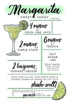 the margarita cocktail recipe is shown in green and black