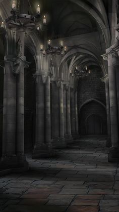 an empty gothic cathedral with columns and arches