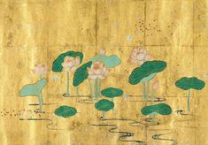 a painting with water lilies and green leaves