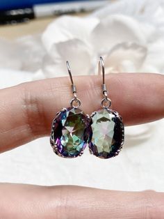 Mystic Topaz Earrings, Sterling Silver Filigree, Edward #E70, Vintage Reproduction Jewelry, Silver Embrace Jewelry Elegant Round Rainbow Earrings, Rainbow Colored Oval Jewelry, Rainbow Topaz, Topaz Crystal, Edwardian Jewelry, Edwardian Style, Oval Earrings, Oval Earring, Sterling Silver Filigree