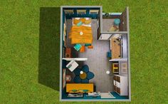 an overhead view of a small house with the living room and bedroom in one area