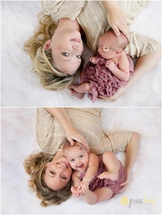 two photos of a woman holding a baby in her arms and smiling at the camera