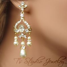 JASMINE Pearl Earrings in Gold - from T's Studio Jewelry Chandelier Wedding, Wedding Earrings Chandelier, Cheap Diamond Rings, Bridal Earrings Chandelier, Pearl Chandelier, Wedding Chandelier, Crystal Bridal Earrings, Pearl Earrings Wedding, Gold Bridal Earrings