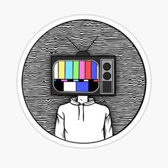 a sticker with an image of a tv on it's head and the colors in