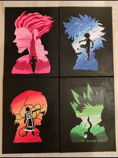 four pieces of art that have been painted with different colors and designs on black paper