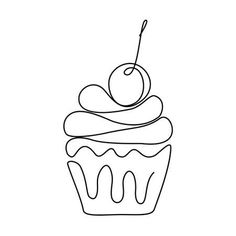 a single line drawing of a cupcake with icing and a cherry on top