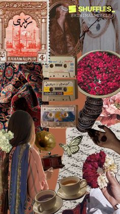 a collage of images with flowers, coffee cups and pictures on them that include women's clothing