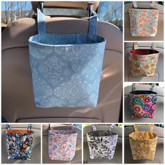 many different bags are in the back of a car, and one is filled with fabric