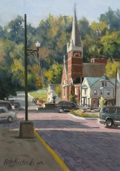 an oil painting of a street with cars parked on the side and a church steeple in the background