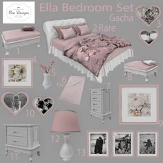 the bedroom set is all pink and white with pictures on the wall, bedding, dresser