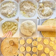 six pictures showing different stages of making pie crusts and doughnuts, including the process