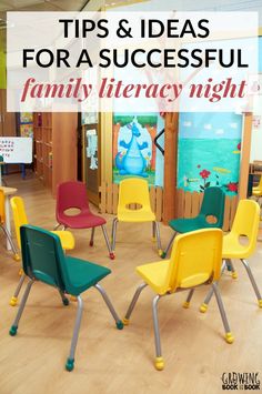 a group of children's chairs with the words tips and ideas for a successful family library night