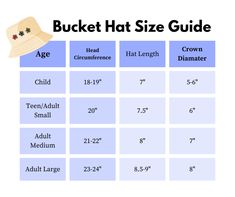 the bucket hat size guide is shown with measurements for each child's height and age