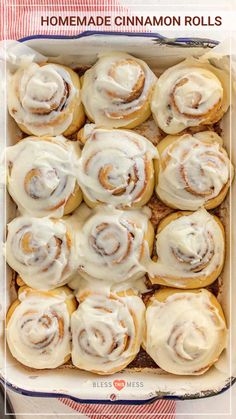 homemade cinnamon rolls in a baking dish with icing on top and text overlay