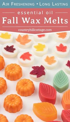 fall wax melts with text overlay that reads air freshening, long lasting essential oil for fall wax melts