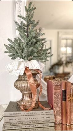 there is a small christmas tree on top of some books and a mirror in the background