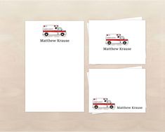 the stationery is designed to look like an ambulance with red and white lettering on it