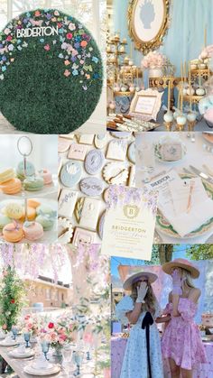 a collage of photos with flowers, plates and other things on it including an umbrella