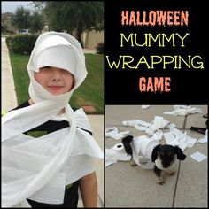 there is a collage of pictures with the words halloween, mommy wrapping game and a dog wearing a scarf