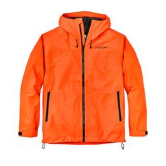 an orange jacket with black zippers on the front and side, in bright colors