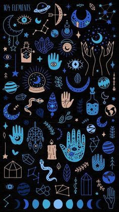 a poster with different types of tattoos on it's face and hands, all in blue