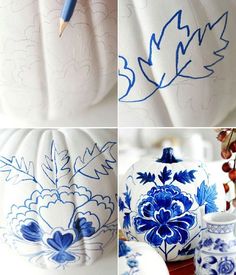 the process of painting pumpkins with blue and white designs on them is shown in three different pictures