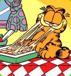 an image of garfield the cat eating pizza