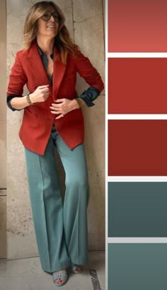 Wide Leg Trousers Outfit, Interesting Outfits, Color Blocking Outfits, Red Colour Palette, Good Color Combinations, Stylish Work Attire