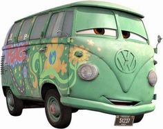 an old vw bus painted like the character cars from disney pixama is parked in front of a building